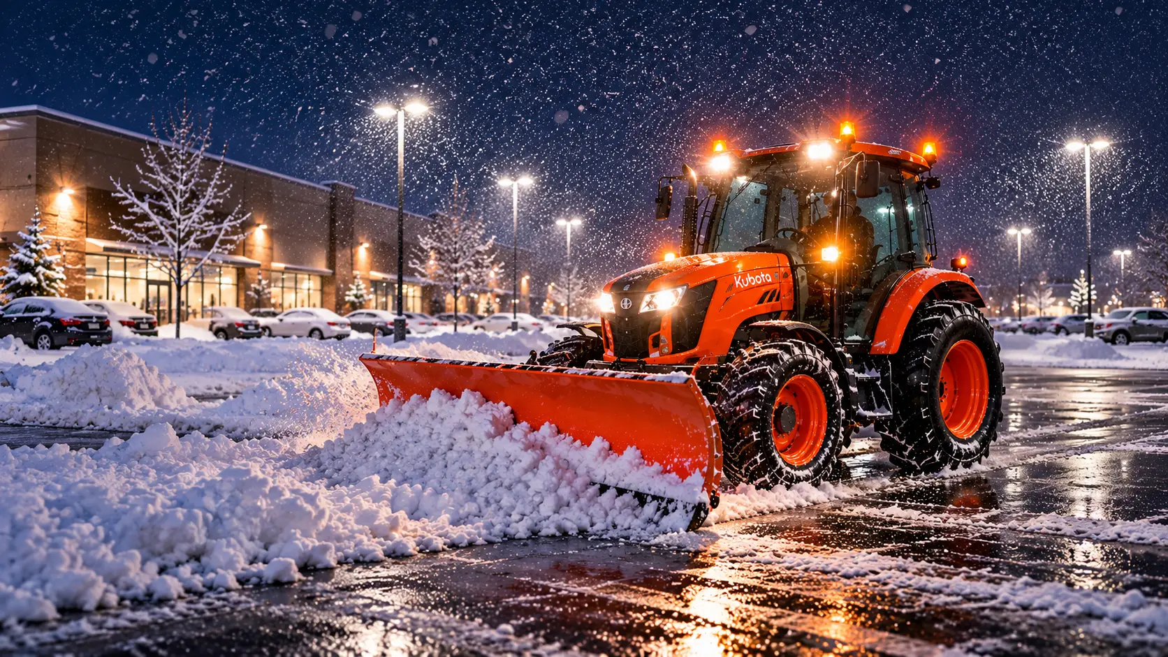 Tracteur avec lame déneigeant un stationnement commercial sous la neige, de nuit