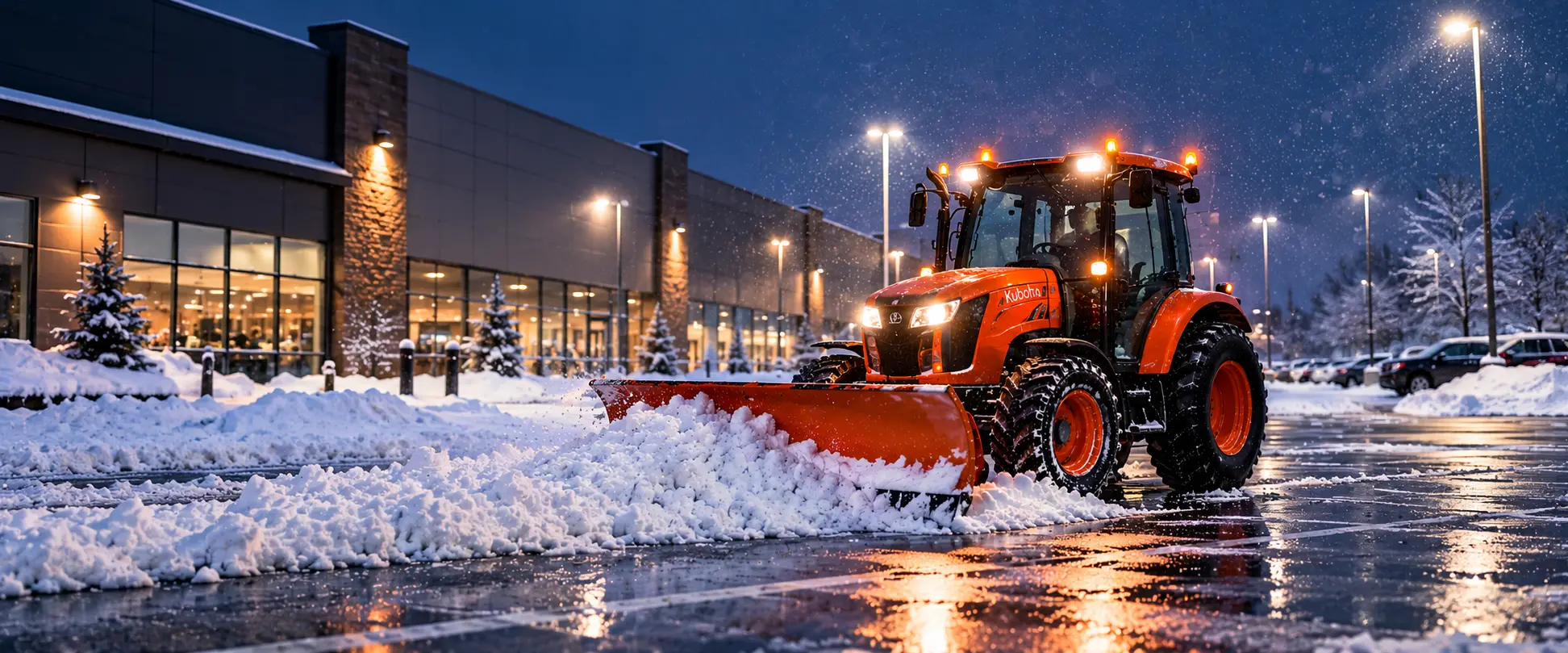 Tracteur avec lame déneigeant le stationnement d’un commerce, de nuit