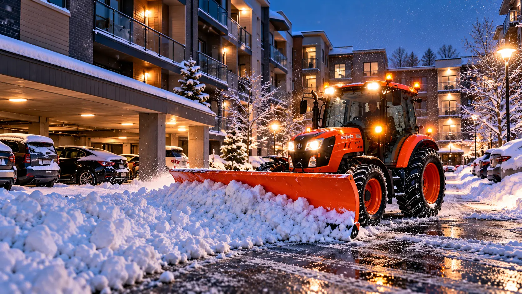 Tracteur avec lame déneigeant le stationnement d’un immeuble, en soirée