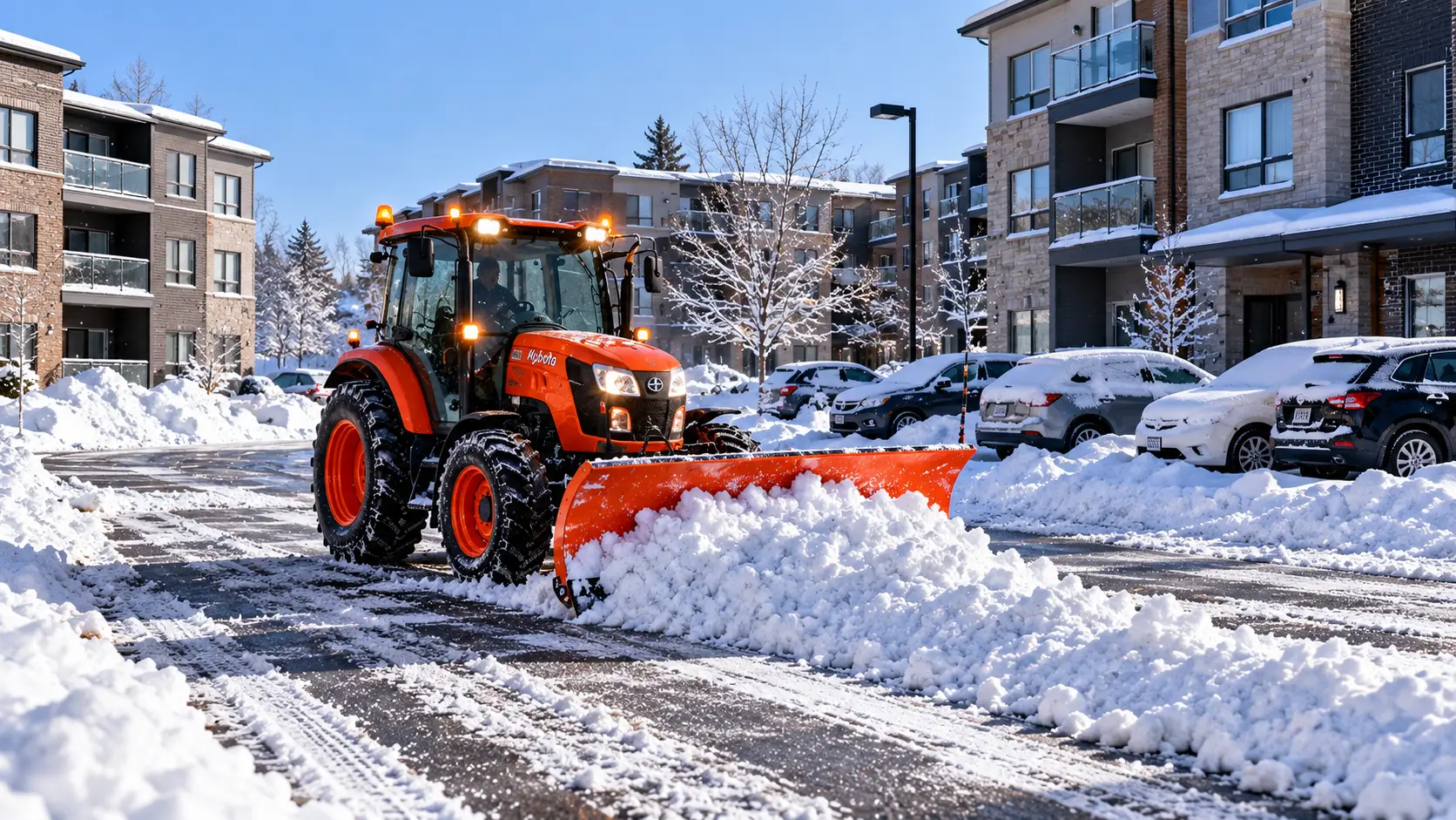 Tracteur avec lame déneigeant l’allée d’un complexe de condos